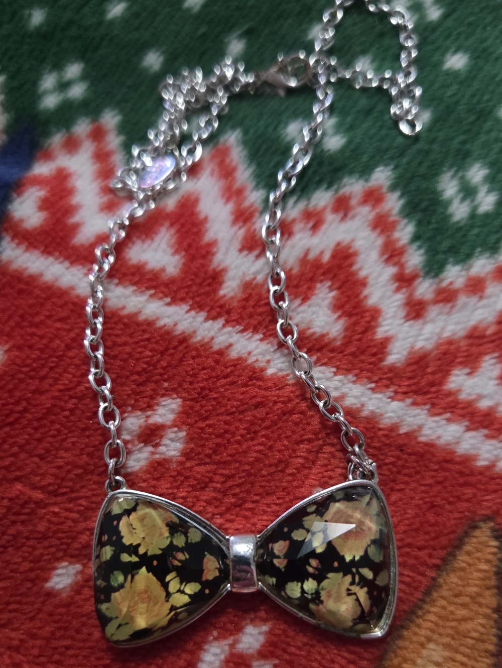 Floral Bow Pendant Necklace - Yellow Floral on Black